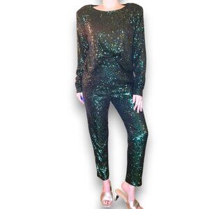 NONCHALANT‎ Green Sequin Long Sleeve Open Back Top and Pants Set